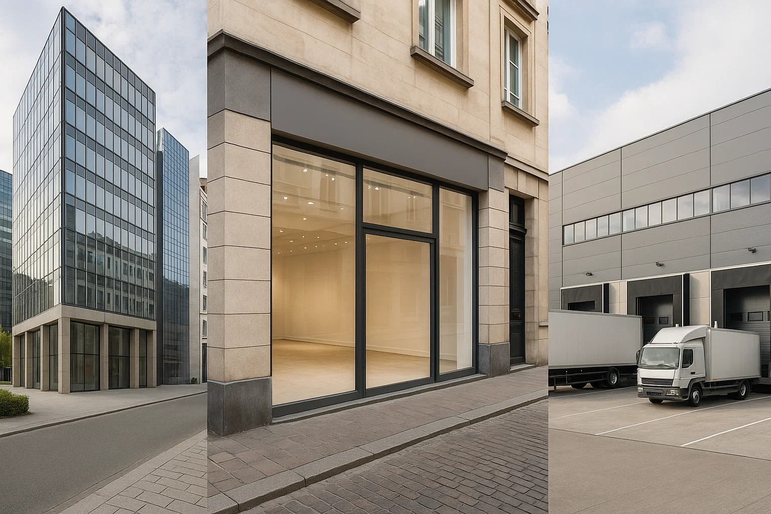 Comparaison visuelle entre bureaux modernes, commerce de détail en centre-ville et entrepôt industriel en périphérie