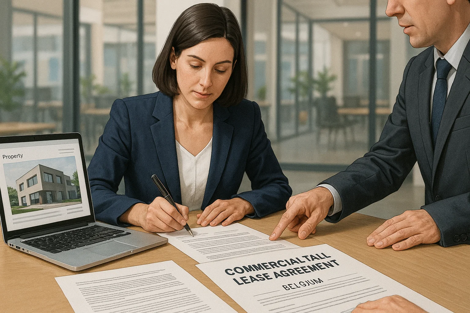 Signature d’un contrat de bail commercial par une entrepreneure, avec un agent immobilier expliquant les clauses clés
