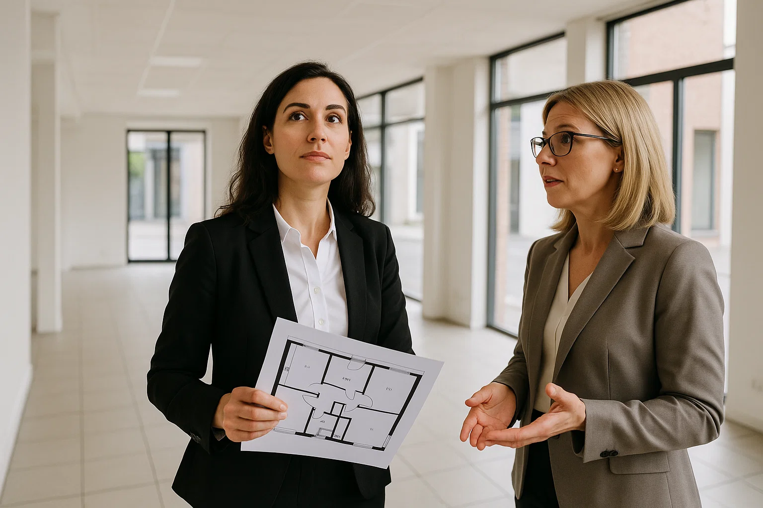 Une entrepreneure examine un local commercial en Belgique avec un agent immobilier, tenant un plan d’aménagement en main
