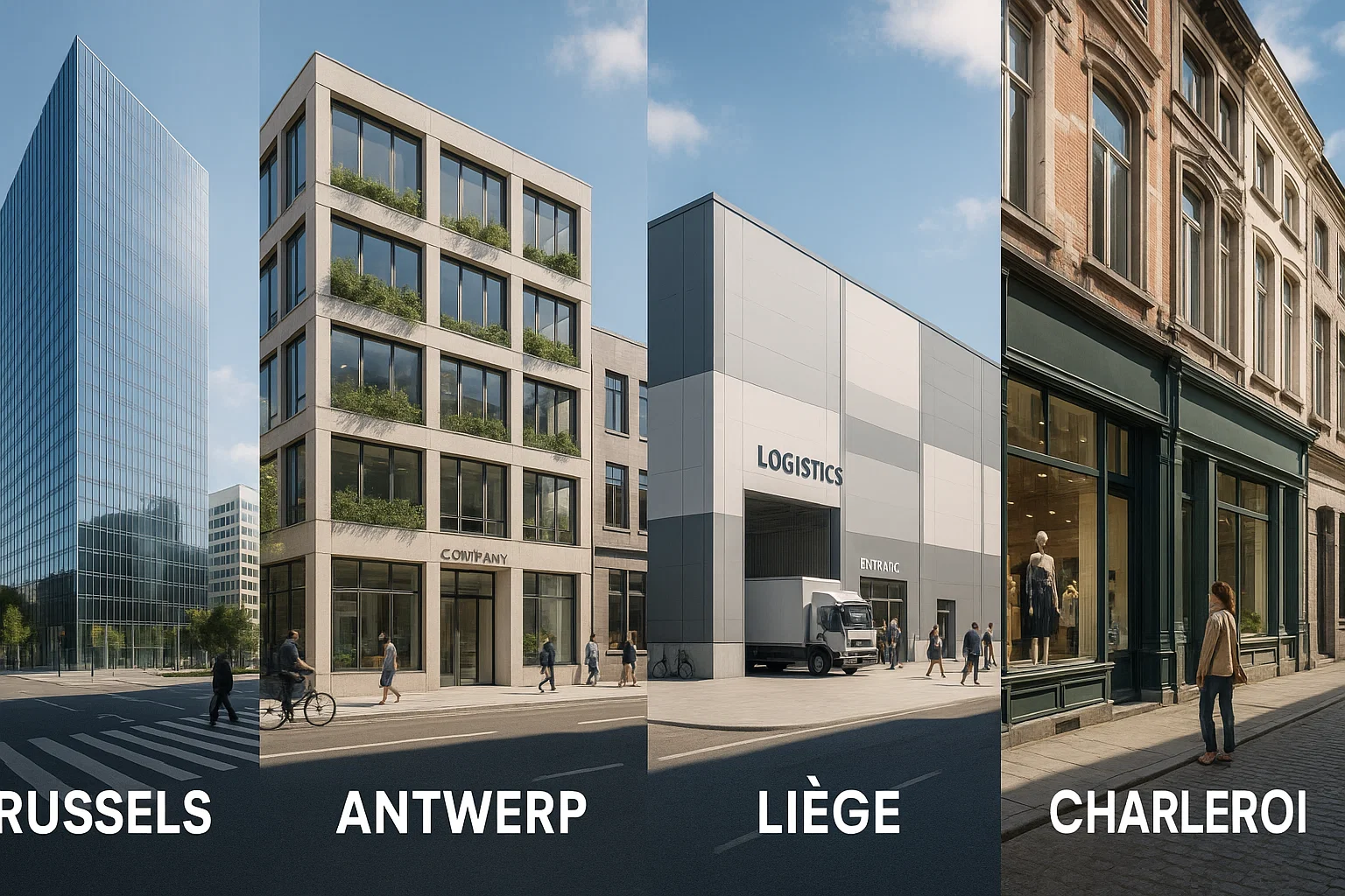 Vue réaliste de cinq types de biens commerciaux modernes en Belgique : Bruxelles, Gand, Anvers, Liège et Charleroi