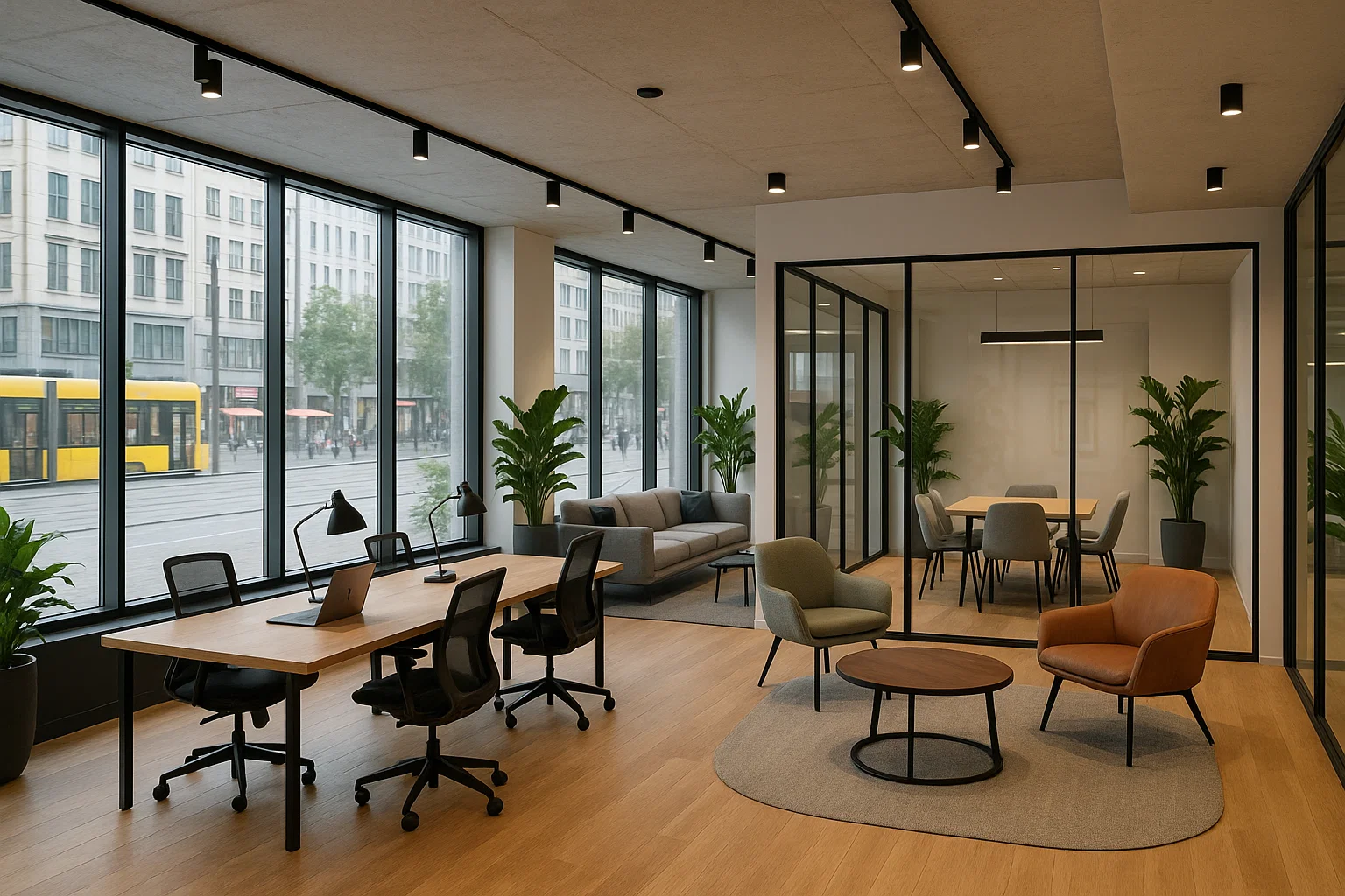 Espace de coworking moderne au centre-ville avec vue sur les transports publics et les cafés environnants, intérieur design et lumineux.