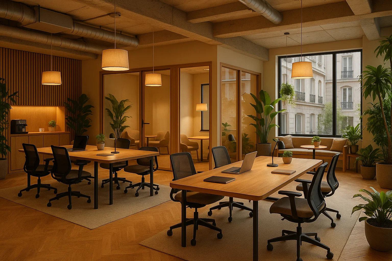 Espace de coworking moderne et écologique en ville, avec bureaux partagés, lumière naturelle et ambiance chaleureuse.