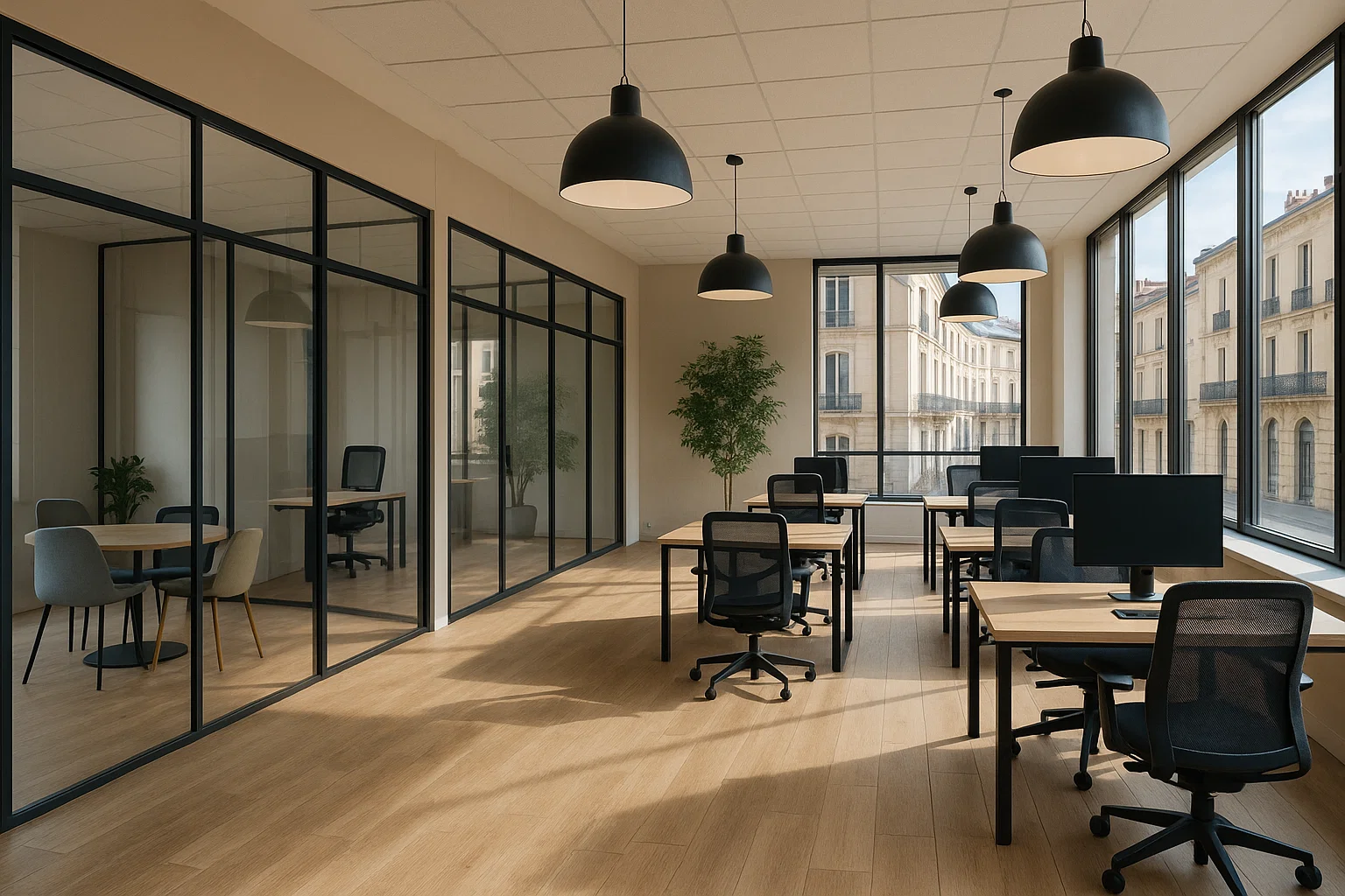 Espace de coworking modulable et lumineux en ville, adapté aux besoins évolutifs des entreprises modernes.