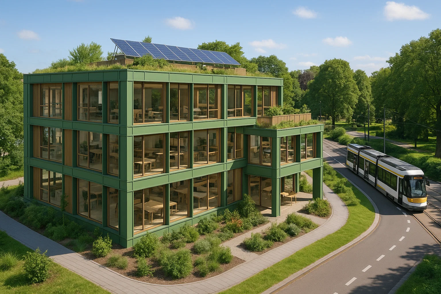 Immeuble de bureaux écologique en Belgique avec jardin sur le toit, panneaux solaires, matériaux durables et espaces partagés modernes.