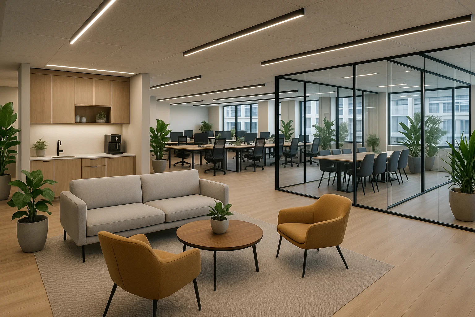 Intérieur d’un bureau moderne avec cuisine partagée, salle de réunion vitrée et espace lounge, mettant en valeur les équipements collectifs.