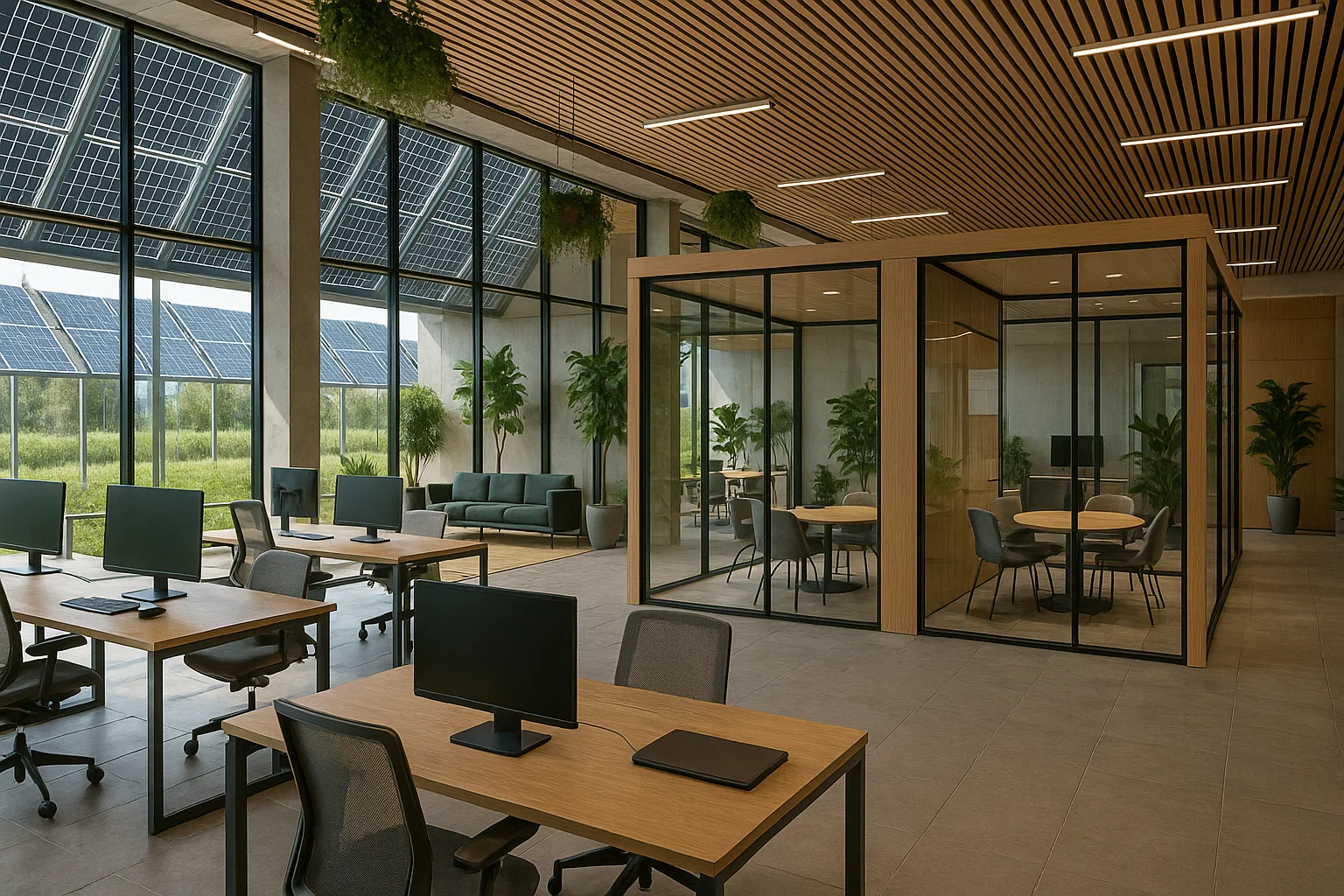 Intérieur moderne d’un pôle d’innovation en Belgique avec bureaux collaboratifs, salles vitrées et design durable.