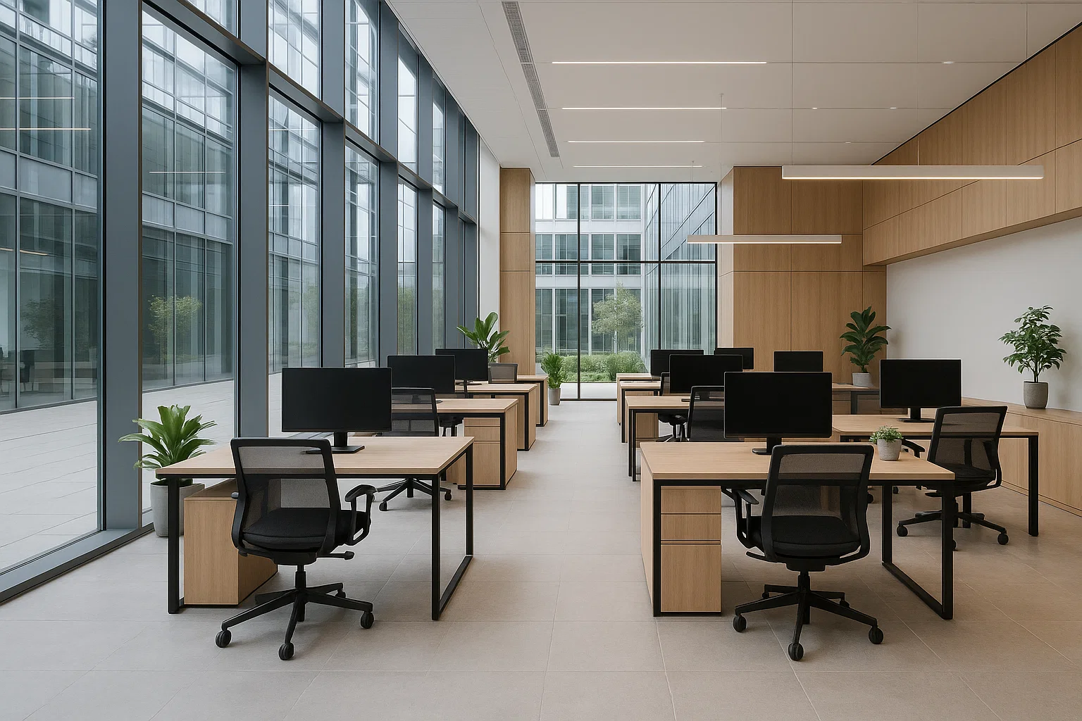 Bureaux modernes lumineux avec design épuré et espaces partagés dans un immeuble commercial.
