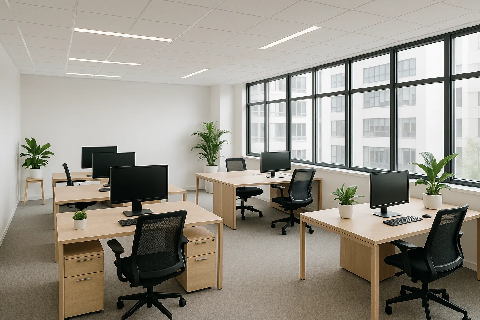 Espace de bureau moderne et lumineux avec open space, mobilier épuré et plantes vertes.