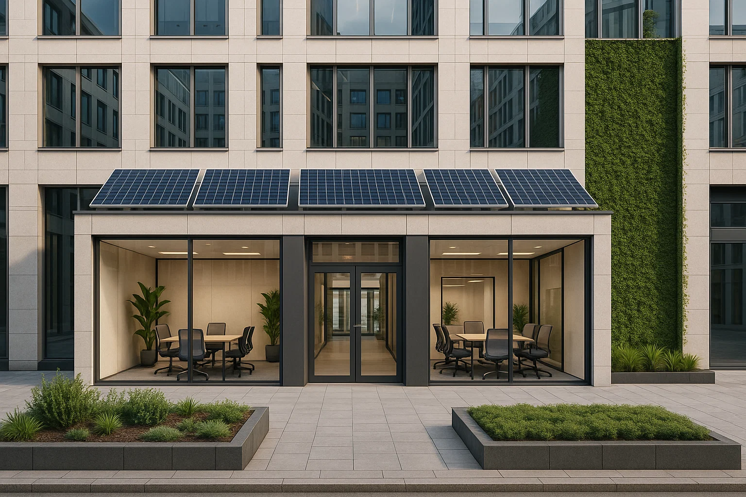 Façade d’un centre d’affaires moderne en Europe avec bureaux virtuels, salles de réunion partagées et design durable, symbolisant économies et flexibilité pour entreprises.