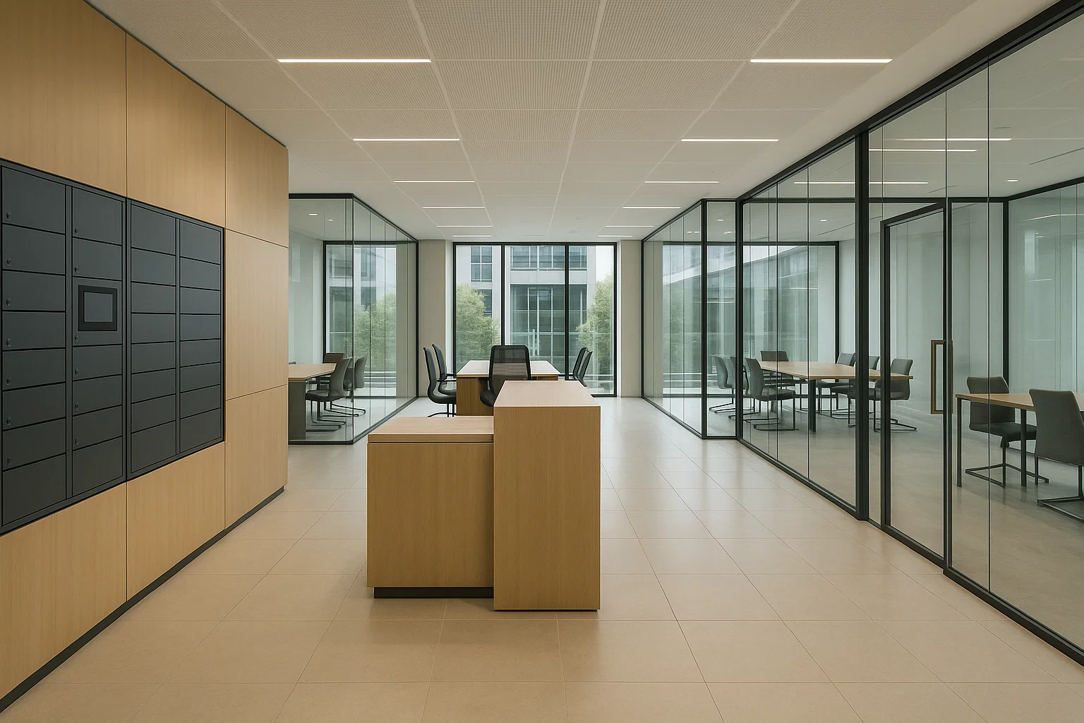 Intérieur lumineux et moderne d’un centre d’affaires avec réception et salles vitrées, illustrant les avantages financiers et la flexibilité des bureaux virtuels.