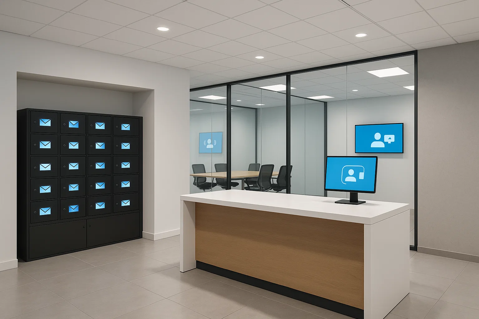 Intérieur moderne d’un bureau virtuel avec réception épurée, salle de réunion vitrée et équipements technologiques, reflétant flexibilité et transparence budgétaire.