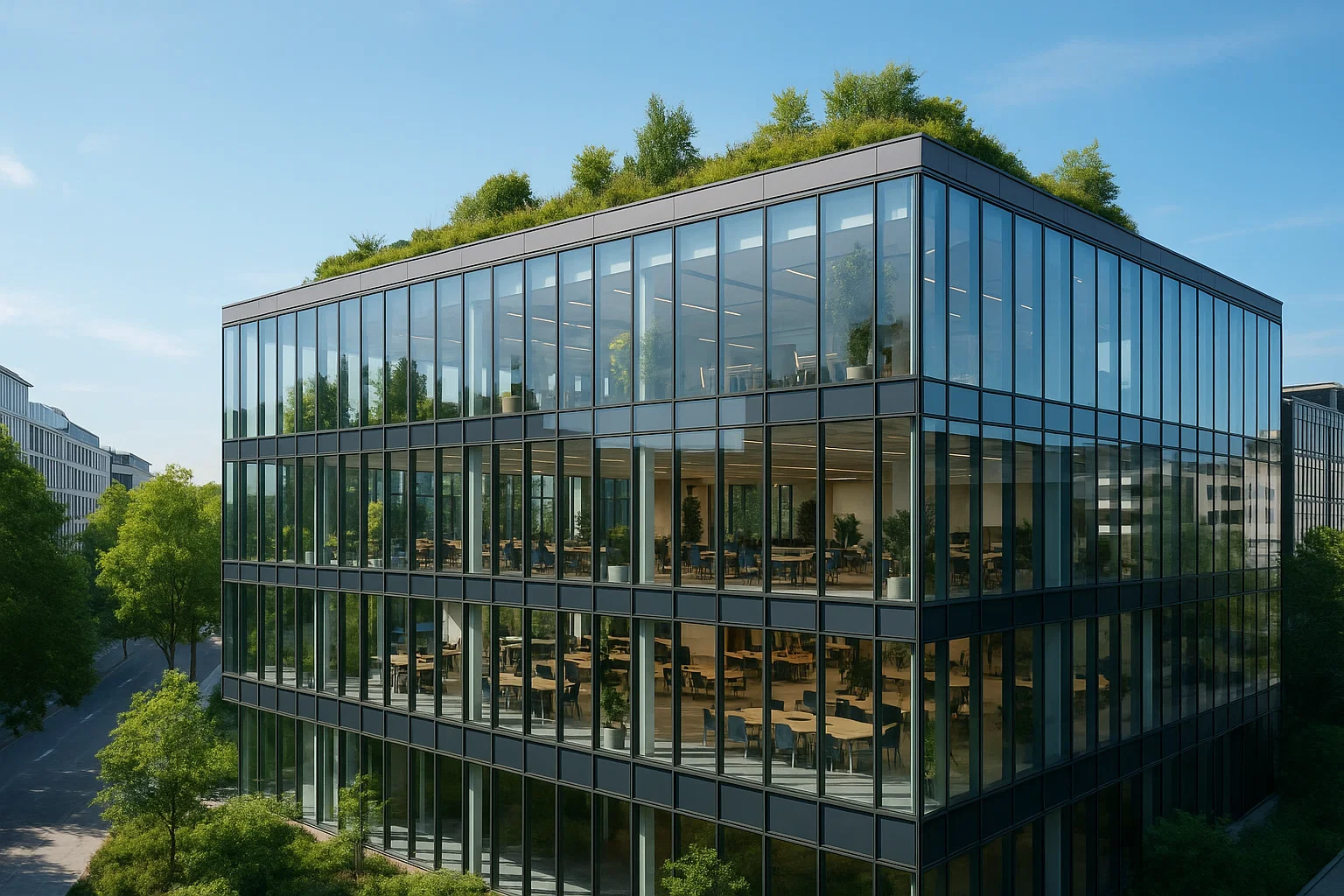 Image photoréaliste d’un immeuble de bureaux moderne et durable à Bruxelles, avec façade en verre, toiture végétalisée et espaces de coworking visibles.