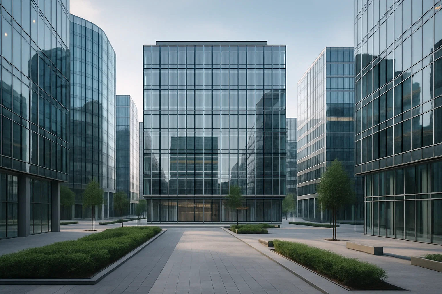 Quartier d’affaires moderne avec bâtiments en verre et places piétonnes.