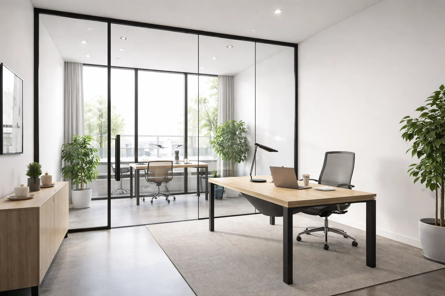 Bureau privé compact et moderne pour PME avec lumière naturelle