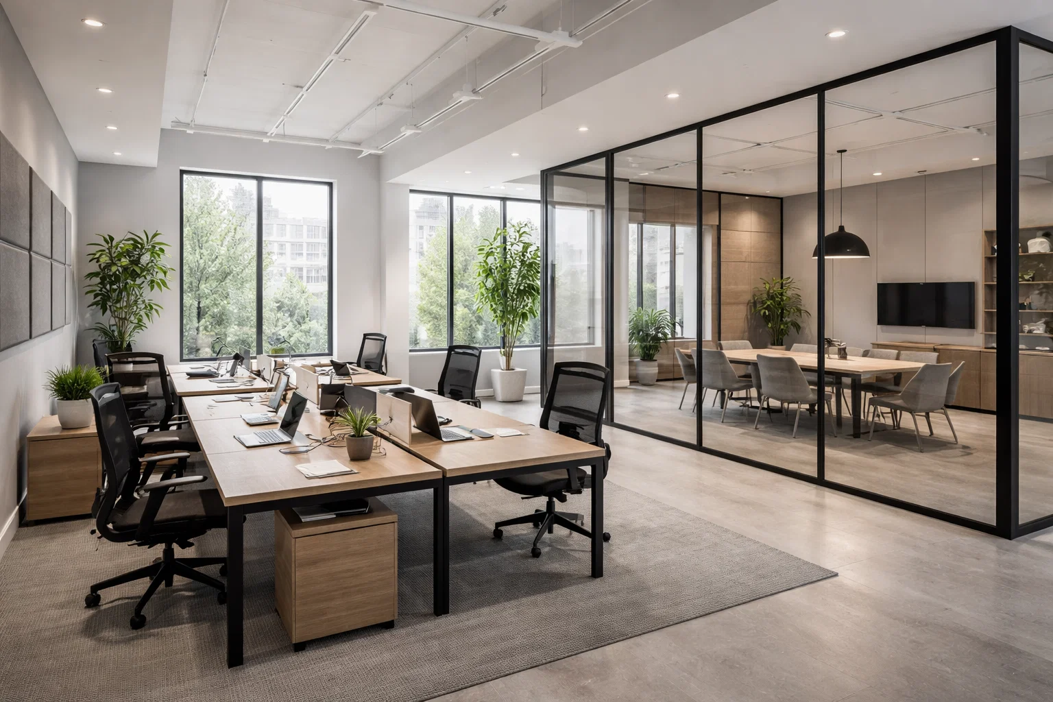 Bureau privé moderne pour PME avec salle de réunion vitrée et panneaux acoustiques