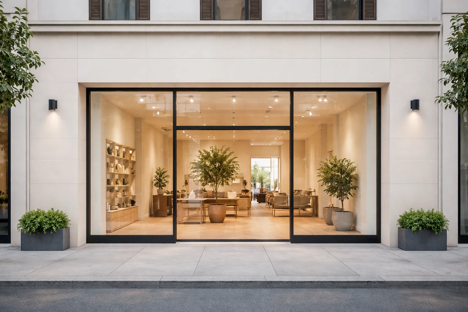 Façade moderne d’un local commercial en rue urbaine, grande vitrine.