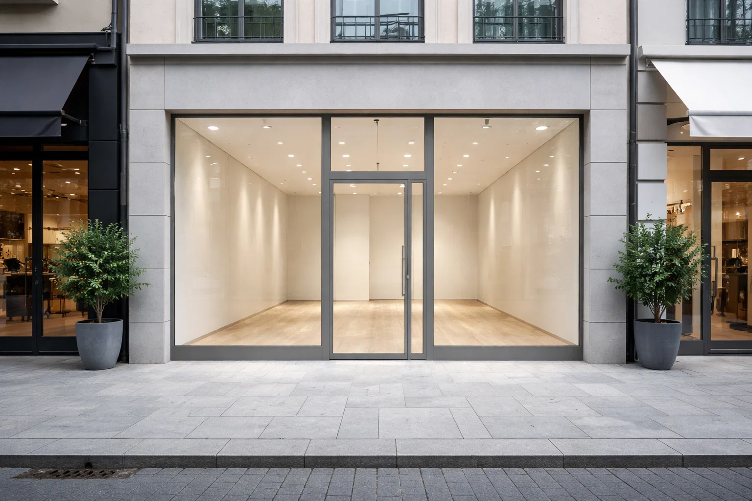 Local commercial avec grande vitrine dans une rue commerçante moderne.