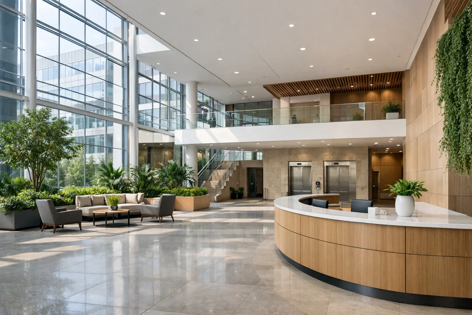 Hall lumineux d’un centre d’affaires moderne en France, avec plantes et accueil.